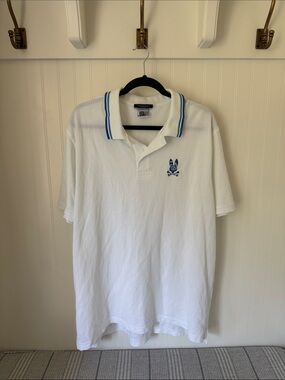 Men's Pyscho Bunny White Polo Shirt with Blue Trim
